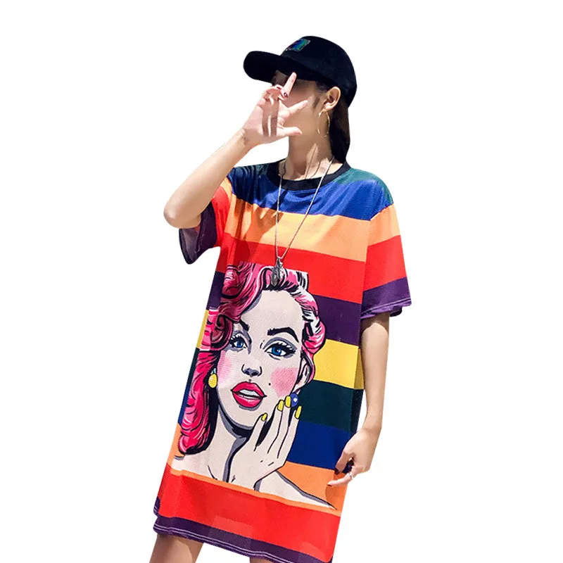 Fashion women's short-sleeved T-shirt summer plus size loose casual mid-length striped Harajuku top women
Fashion women's short-sleeved T-shirt summer plus size loose casual mid-length striped Harajuku top women