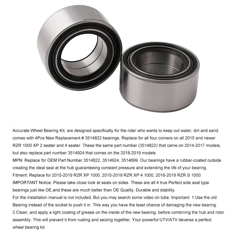 for Polaris RZR 1000 / XP / 4 / Turbo Front & Rear Wheel Bearings Kit 3514822 3514699 (4)
for Polaris RZR 1000 / XP / 4 / Turbo Front & Rear Wheel Bearings Kit 3514822 3514699 (4)