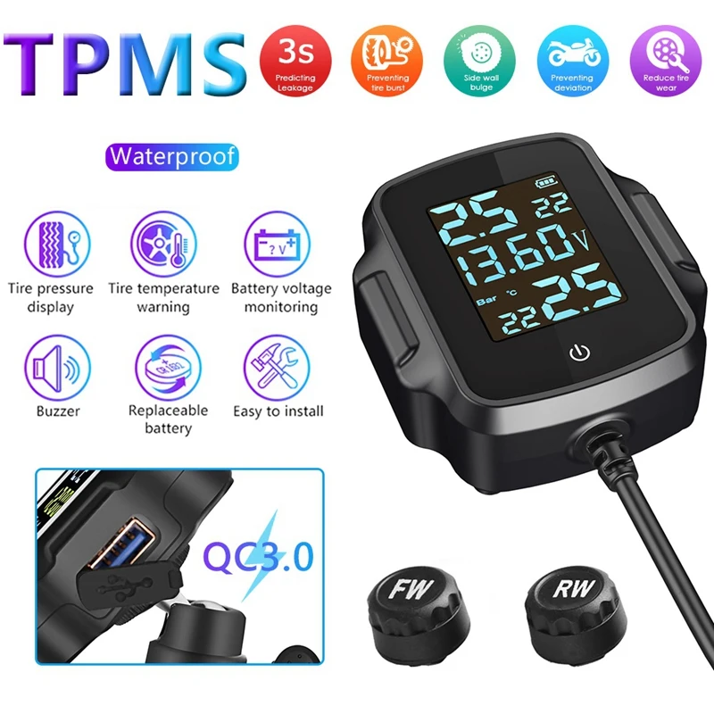 Система контроля давления в шинах для мотоциклов TPMS, система сигнализации температуры с зарядным устройством USB QC 3,0
Система контроля давления в шинах для мотоциклов TPMS, система сигнализации температуры с зарядным устройством USB QC 3,0