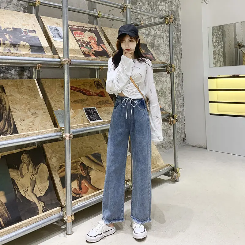 Denim Trousers Vintage Wide Leg Drawstring Pants Women Korean Burrs Straight Long Pants High Waist Jeans Casual ins Streetwear
Denim Trousers Vintage Wide Leg Drawstring Pants Women Korean Burrs Straight Long Pants High Waist Jeans Casual ins Streetwear