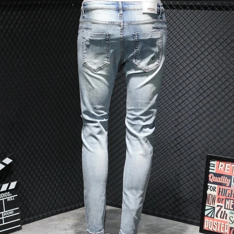 

Light Blue Washed Hole Jeans Men Slim Fit Casual Cowboy Pencil Pants Teenager High Quality Zipper Frayed Biker Denim Trousers