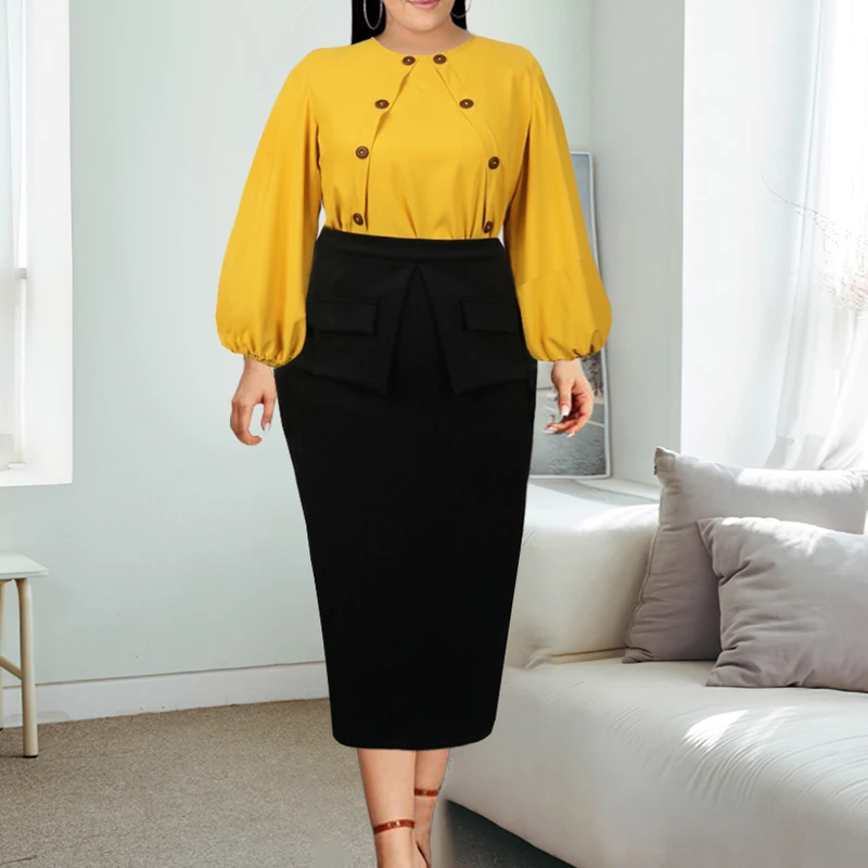 2 Piece Set Women Skirt and Top Yellow Blouses Long Lantern Sleeve Button Decoration Office Lady Work Wear Autumn Newest Female
2 Piece Set Women Skirt and Top Yellow Blouses Long Lantern Sleeve Button Decoration Office Lady Work Wear Autumn Newest Female