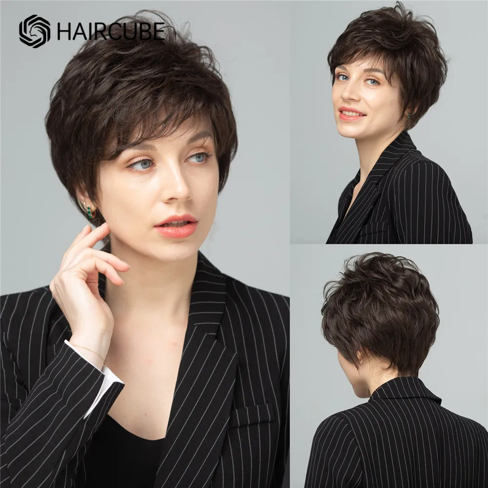 

HAIRCUBE Short Dark Brown Pixie Cut Wig Human Hair Blend Synthetic Wigs with Bang Natural Layered Heat Resistant Wigs for Women