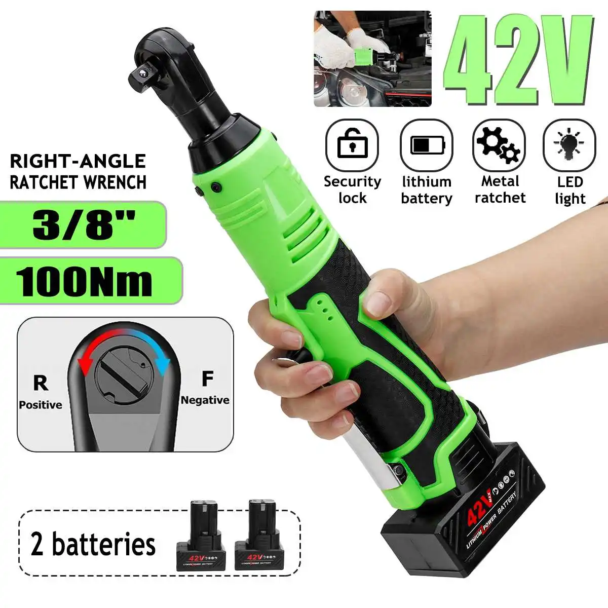 42V 100N.m Cordless Electric Wrench 3/8" Ratchet Right Angle Wrench Tool Angle Drill Screwdriver With 1/2 Battery Charger Kit
42V 100N.m Cordless Electric Wrench 3/8" Ratchet Right Angle Wrench Tool Angle Drill Screwdriver With 1/2 Battery Charger Kit