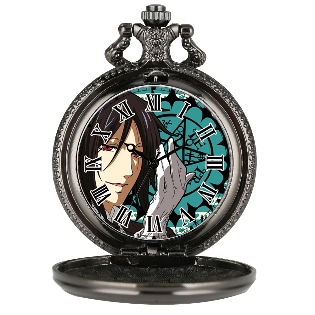 

Japanese Manga Pocket Watch Black Deacon Theme Boy's Fine Engrave Pattern Chic Roman Numerals Dial Thick Chain Pendant Gifts