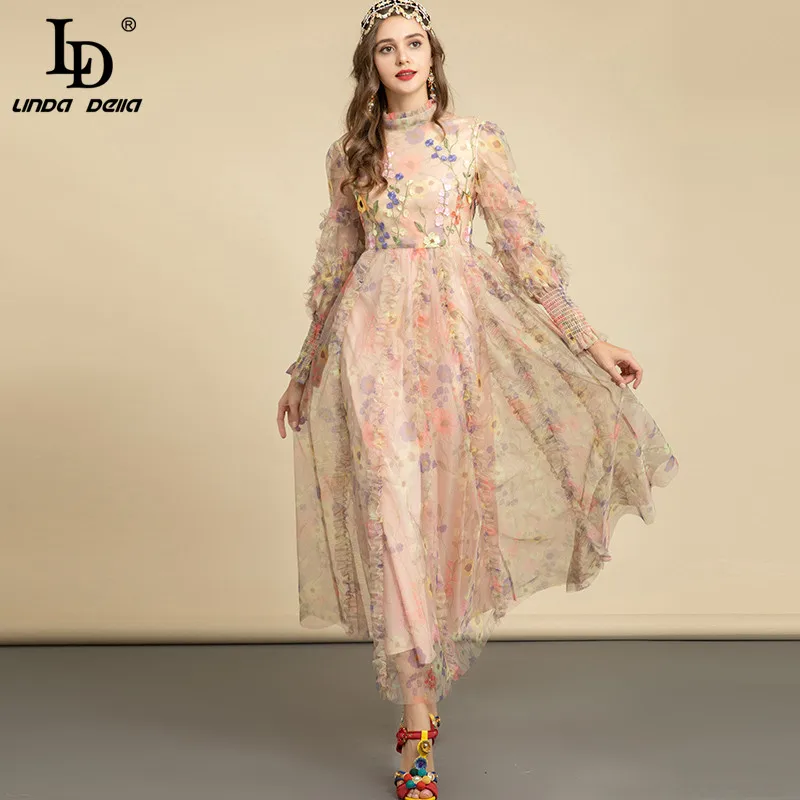 

Женское вечернее платье LD LINDA DELLA, длинное дизайнерское вечерние чатое платье с длинным рукавом и цветочной вышивкой, зима 2019