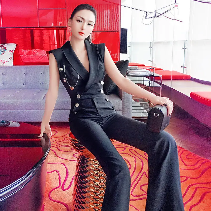 New 2021 Summer Fashion Blazer Jumpsuits Ladies Double Breasted Long Rompers Elegant Sleeveless Playsuits with Buttons
New 2021 Summer Fashion Blazer Jumpsuits Ladies Double Breasted Long Rompers Elegant Sleeveless Playsuits with Buttons
