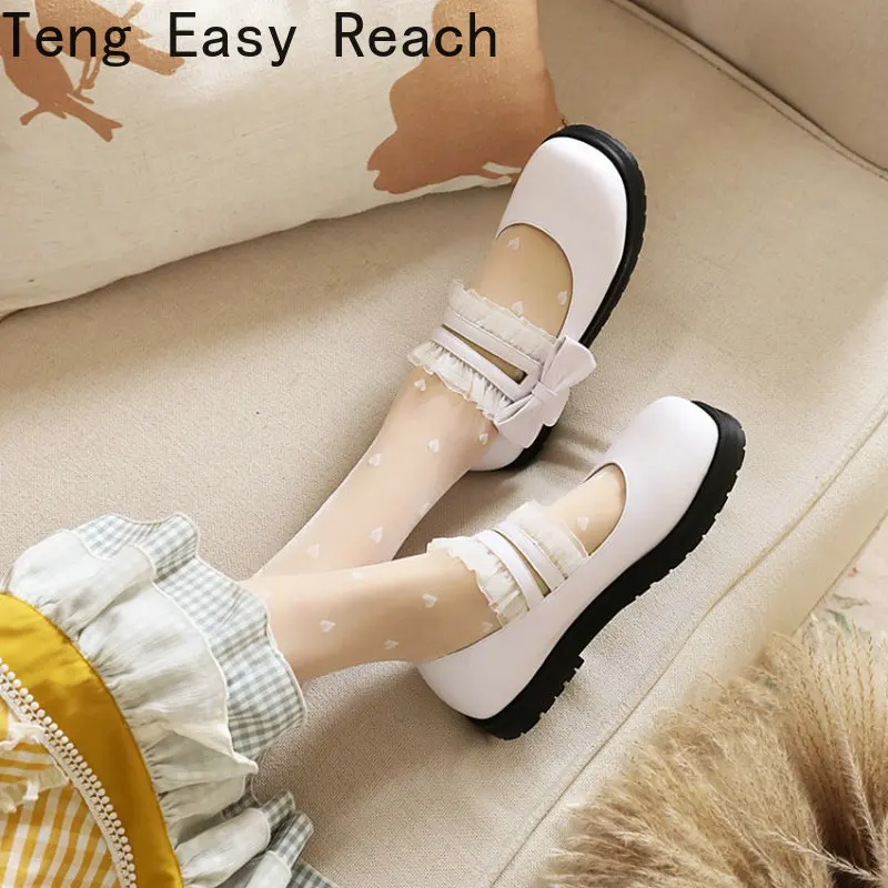 

Teng Easy ReachAutumn Round Toe Cosplay Girls Shoes Thick Sole Lolita Japanese Women Mary Janes Flats with Lace Ruffle Size 43