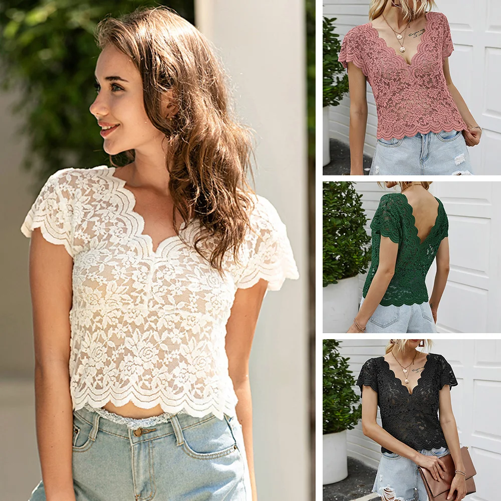 Lace Blouse Tops Women Shirts See Through Lace Blouse V Neck V Back Summer Holiday Beach Party Short Tees Casual Crop Tops tunic
Lace Blouse Tops Women Shirts See Through Lace Blouse V Neck V Back Summer Holiday Beach Party Short Tees Casual Crop Tops tunic