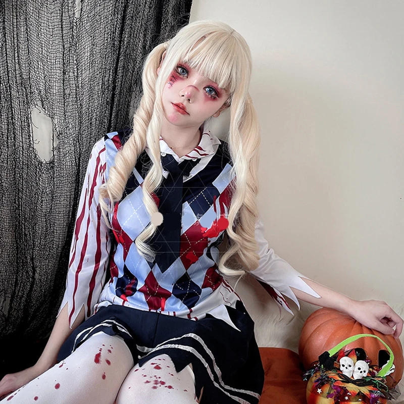 Halloween Cosplay Horror Doll Zombie Siut Student Clown Uniform Scared Aldult Bow Tie V-Neck Blood Stains Lattice Print 2022 New
Halloween Cosplay Horror Doll Zombie Siut Student Clown Uniform Scared Aldult Bow Tie V-Neck Blood Stains Lattice Print 2022 New