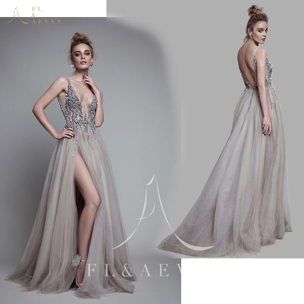 Sexy Grey Tulle Beading Deep V-neck Evening Dresses Backless Side Split Prom Party Gowns Illusion Women Evening Party Dresses
Sexy Grey Tulle Beading Deep V-neck Evening Dresses Backless Side Split Prom Party Gowns Illusion Women Evening Party Dresses
