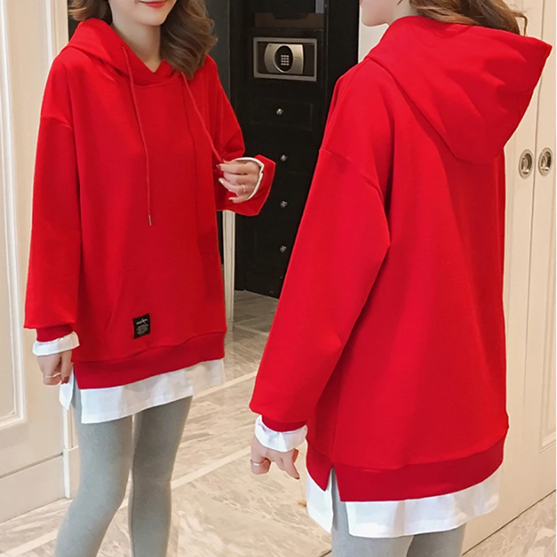 Spring Autumn Casual Loose O-neck Fake Two Pieces Hooded Pullovers Fashion Women Hoodies Comfortable Sweatshirt