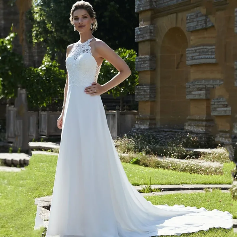 Elegant Halter Sleeveless Wedding Dress 2021 High Quality Chiffon Backless Court Train Lace Applique robe de mariage Tailor-Made
Elegant Halter Sleeveless Wedding Dress 2021 High Quality Chiffon Backless Court Train Lace Applique robe de mariage Tailor-Made