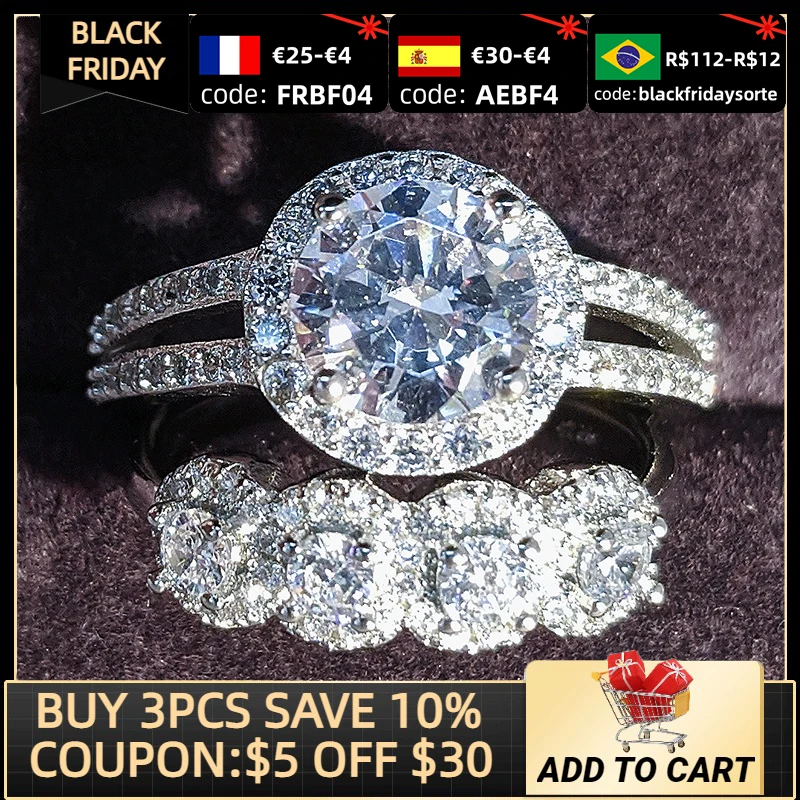 

2020 new arrival luxury round 925 sterling silver wedding ring set for women lady anniversary gift jewelry bulk sell R5129