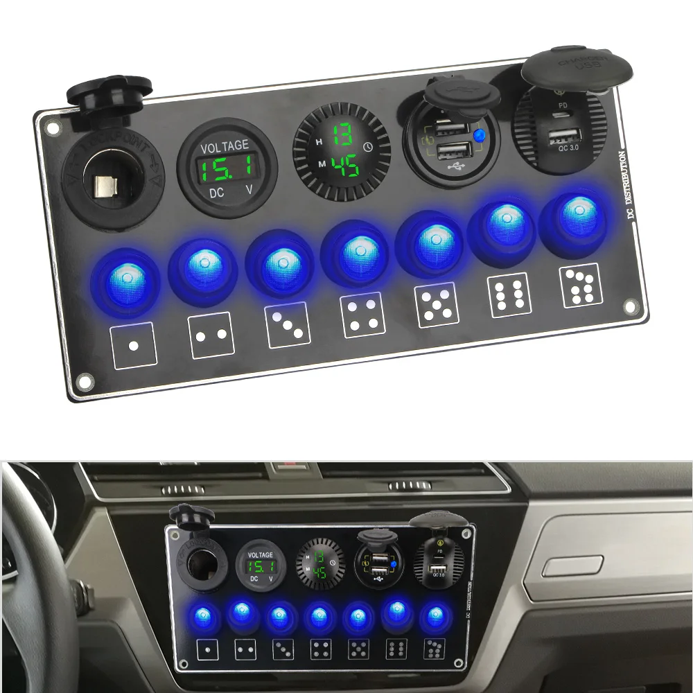 12V 24V LED 7Gang Caravan Switch Panel Light Toggle Adapter USB Chargers 3.0 Clock Car Accessories for RV Truck Trailer Boat 4x4
12V 24V LED 7Gang Caravan Switch Panel Light Toggle Adapter USB Chargers 3.0 Clock Car Accessories for RV Truck Trailer Boat 4x4