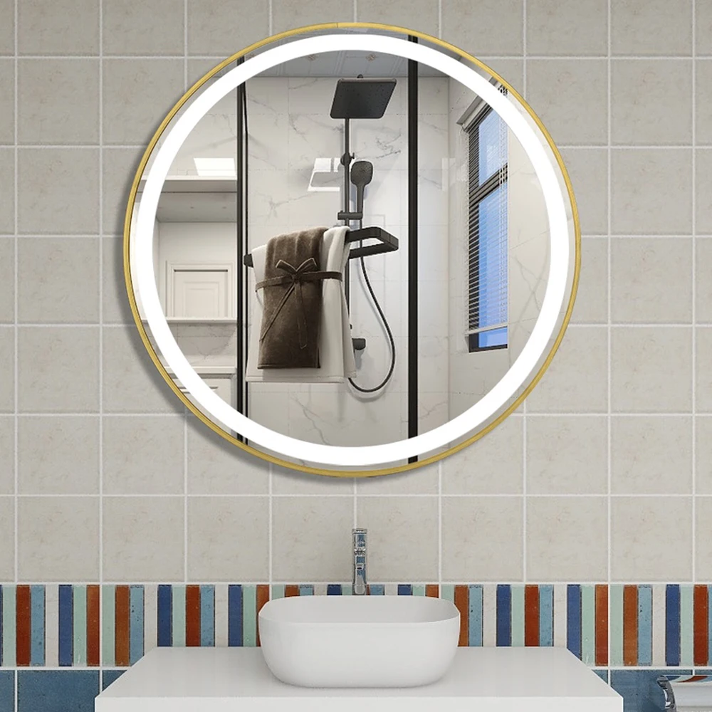 

Круглое умное светодиодное зеркало для ванной комнаты с золотой/черной рамкой, 3 цвета, с Bluetooth-динамиком, дисплеем времени и температуры