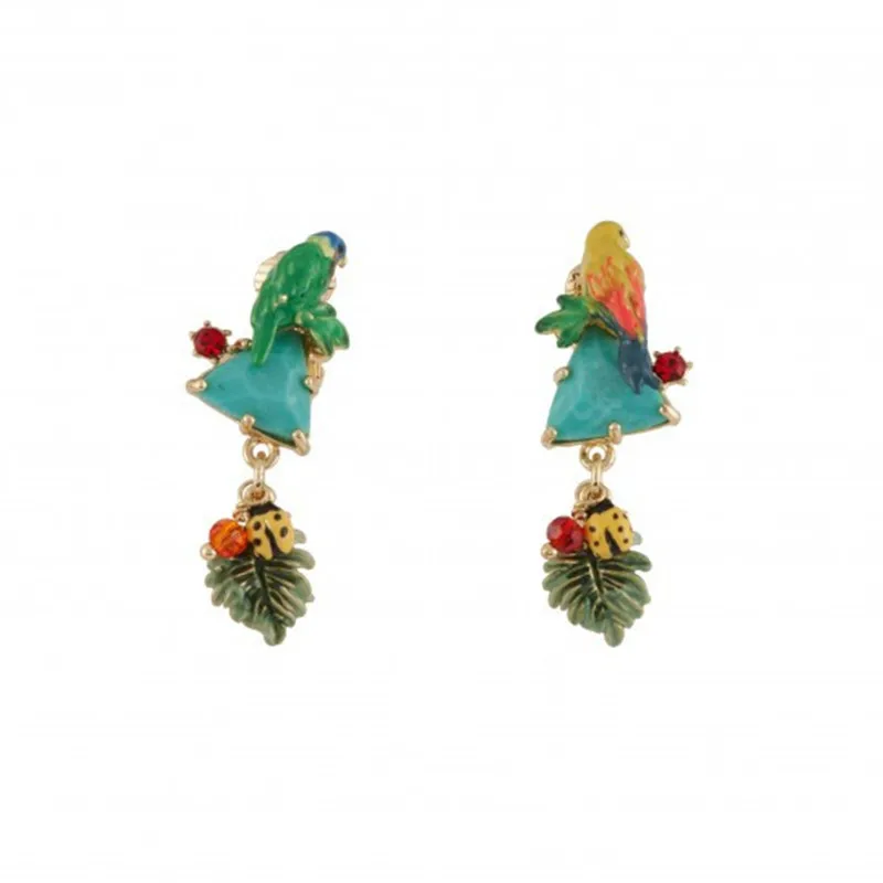 

Colorful Enamel Parrot Earrings New Design Bird Blue Turquoise Leaves Asymmetrical Earings Women Fashion Statement Jewellery