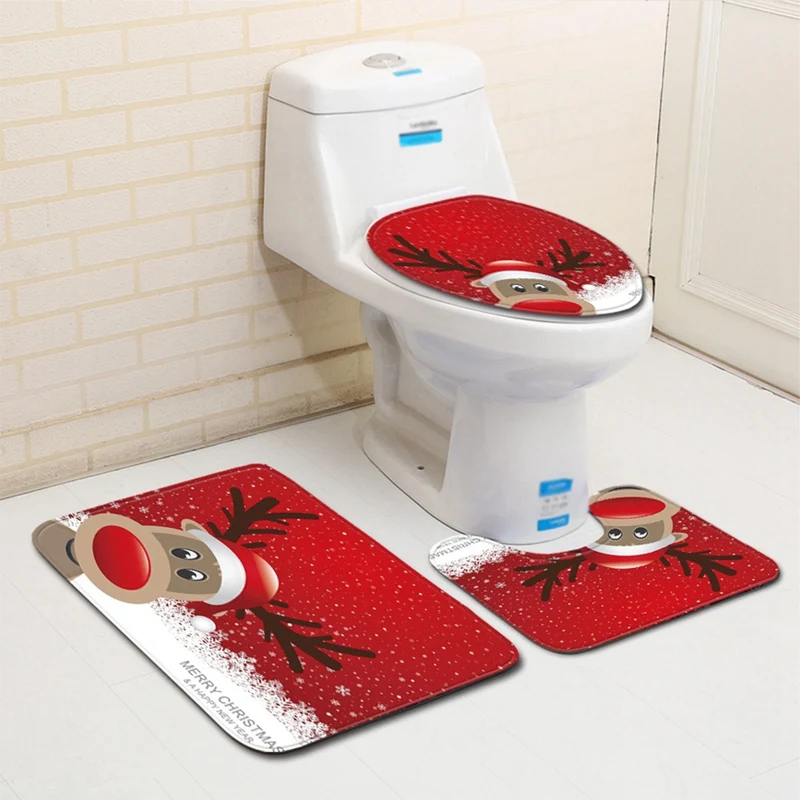 

3 Pcs Bathroom Rug Mats Set Toilet Lid Cover Reindeer Pattern Pedestal Mat Non Slip Bath Mat Toilet Rug Set for Home