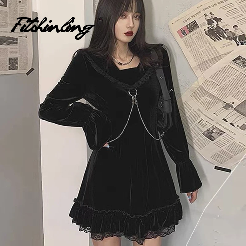 Fitshinling Gothic Solid Velvet Dress Lace Chain Long Flare Sleeve Preppy Style Dresses Dark Goth Street Wear Punk Grunge Robe
Fitshinling Gothic Solid Velvet Dress Lace Chain Long Flare Sleeve Preppy Style Dresses Dark Goth Street Wear Punk Grunge Robe