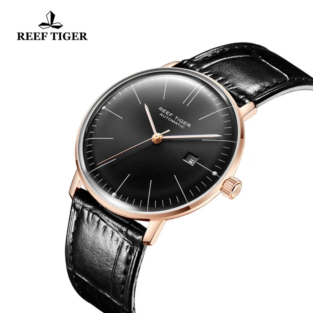

Reef Tiger/RT Luxruy Dress Watch Men Convex Lens Genuine Leather Strap Automatic Mechanical Watches with Date RGA8215