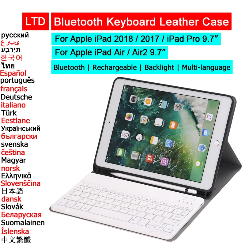 Bluetooth Keyboard Case For iPad 5th 6th Pro Air 1 2 9.7 Tablet Case Russian Hebrew Arabic Spanish Korean French Thai Keyboard
Bluetooth Keyboard Case For iPad 5th 6th Pro Air 1 2 9.7 Tablet Case Russian Hebrew Arabic Spanish Korean French Thai Keyboard
