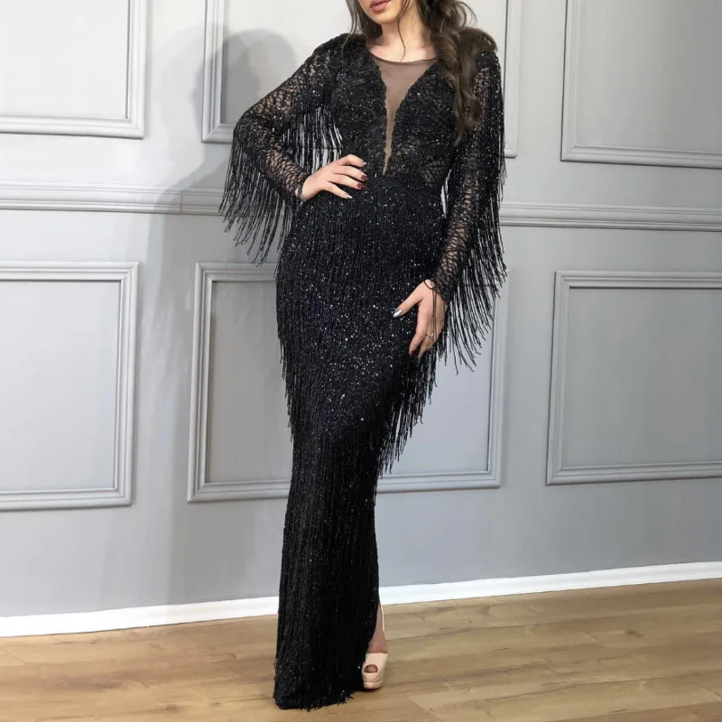 

Fashion Sexy Slim Prom Party Dresses Black Vintage Vibes Tassel Stitching Formal Robes De Cocktail Celebrity Vestidos De Noche