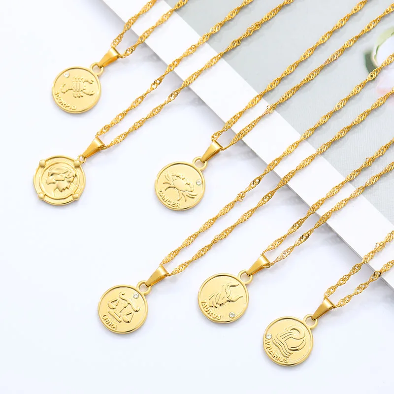 Zodiac Necklace Round Cartoon Zircon Pattern Libra Golden Necklace Stainless Steel Chain Jewelry Birthday Gift Accessories
Zodiac Necklace Round Cartoon Zircon Pattern Libra Golden Necklace Stainless Steel Chain Jewelry Birthday Gift Accessories