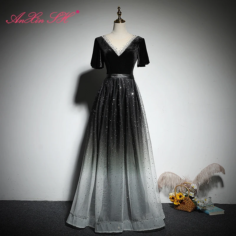 

Черное бархатное вечернее платье принцессы AnXin SH, винтажное вечернее платье для невествечерние с серебристым кружевом и v-образным вырезом, ...