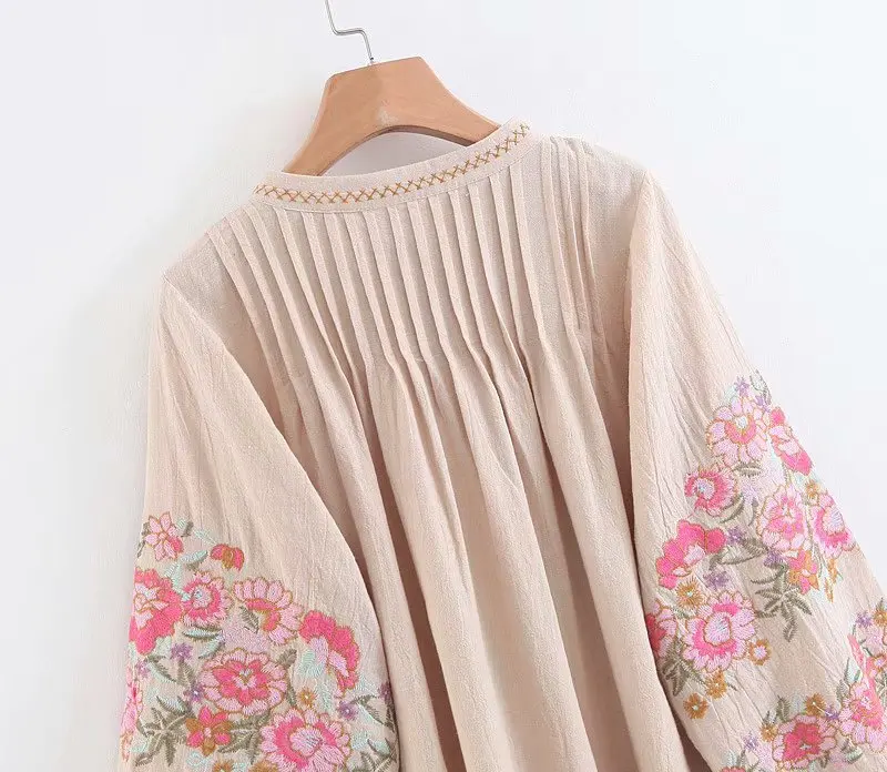 Рубашка женская в богемном стиле винтажная льняная блузка с бахромой цветочной