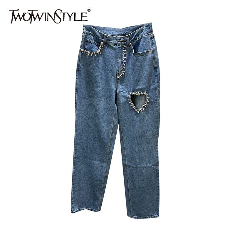 TWOTWINSTYLE Casual Patchwork Diamonds Denim Pant For Women High Waist Hollow Out Full Length Straight Jeans Female Spring Style
TWOTWINSTYLE Casual Patchwork Diamonds Denim Pant For Women High Waist Hollow Out Full Length Straight Jeans Female Spring Style