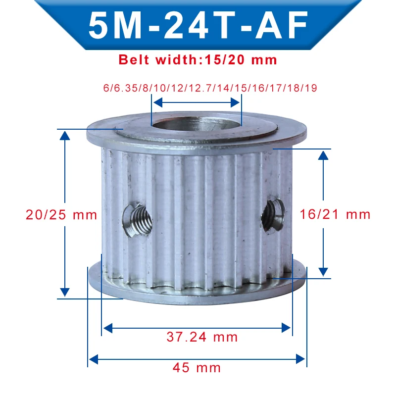 Timing Pulley 5M-24T Inner Bore 6/6.35/8/10/12/12.7/14/15/16/17/18/19 mm Aluminum Belt Pulley For Width 15/20 mm 5M-Timing Belt
Timing Pulley 5M-24T Inner Bore 6/6.35/8/10/12/12.7/14/15/16/17/18/19 mm Aluminum Belt Pulley For Width 15/20 mm 5M-Timing Belt