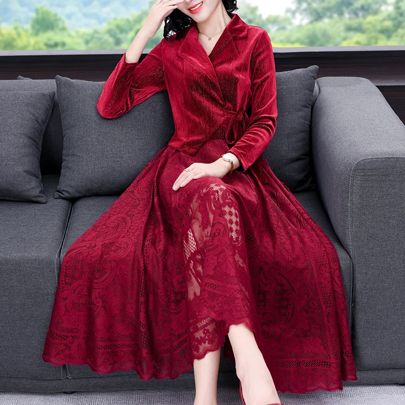 Winter Fall Womens V Neck Long Sleeve Middle Calf Lace Patchwork Velour Dress , Autumn Woman Clothes , Velvet Dresses
Winter Fall Womens V Neck Long Sleeve Middle Calf Lace Patchwork Velour Dress , Autumn Woman Clothes , Velvet Dresses