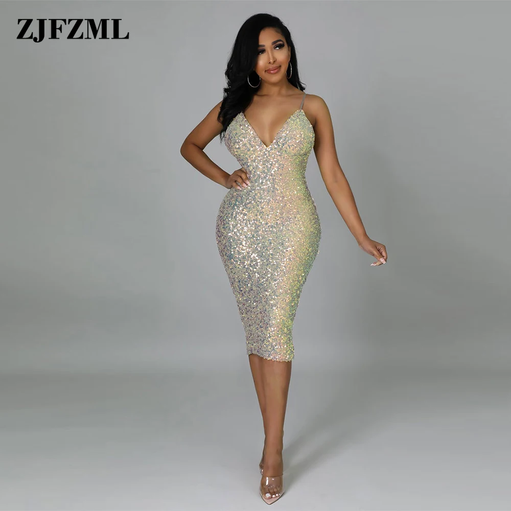 

Sparkly Sequin Sexy Celebrity Bandage Dress for Women Plunging V-neck Spaghetti Strap Dresses Elegant Backless Split Sheath Robe