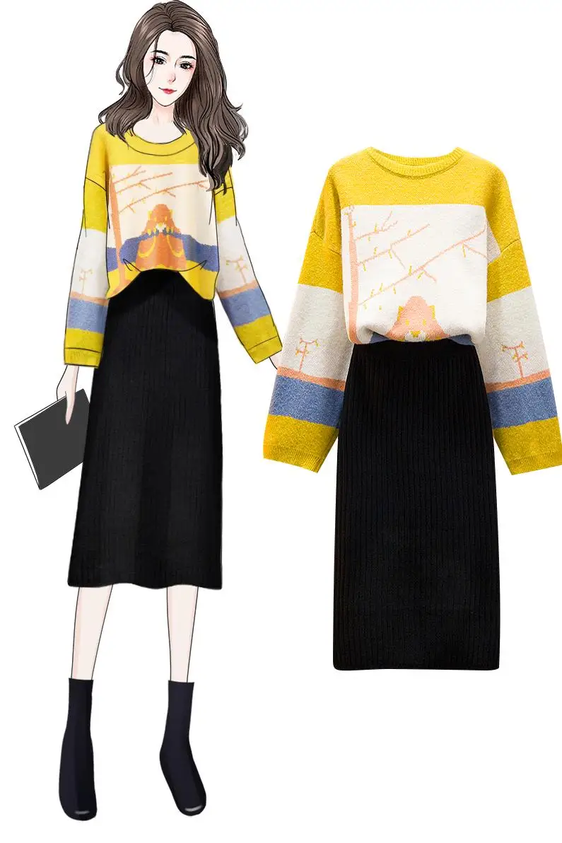 Suit Autumn New Western Style Fashion Loose Bump Color Sweater Knitted Black Bodycon Skirts Two-Piece Clothing Set Women
Suit Autumn New Western Style Fashion Loose Bump Color Sweater Knitted Black Bodycon Skirts Two-Piece Clothing Set Women
