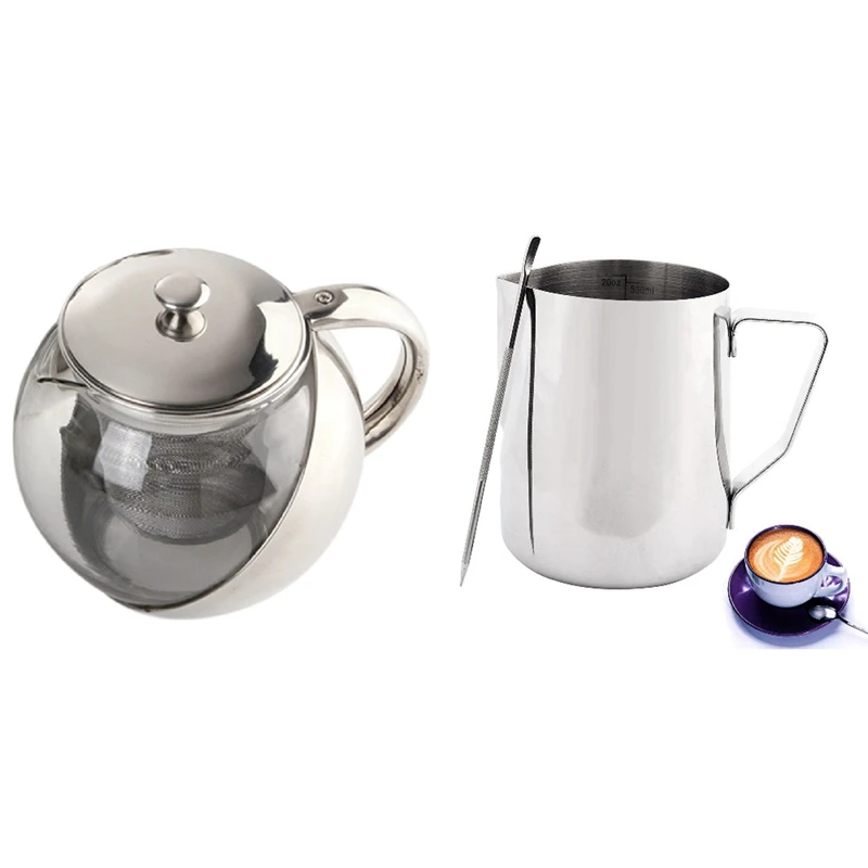 Modern Stylish Stainless Steel + Glass Teapot With Handheld Coffee Creamer Milk Frothing Pitcher Jug Cup
Modern Stylish Stainless Steel + Glass Teapot With Handheld Coffee Creamer Milk Frothing Pitcher Jug Cup