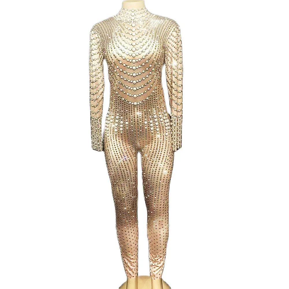 Pearl Rhinestones Striped Backless Jumpsuit Long Sleeve Shiny Costume For Women Party Evening Dance Costume Nightclub Costumes
Pearl Rhinestones Striped Backless Jumpsuit Long Sleeve Shiny Costume For Women Party Evening Dance Costume Nightclub Costumes