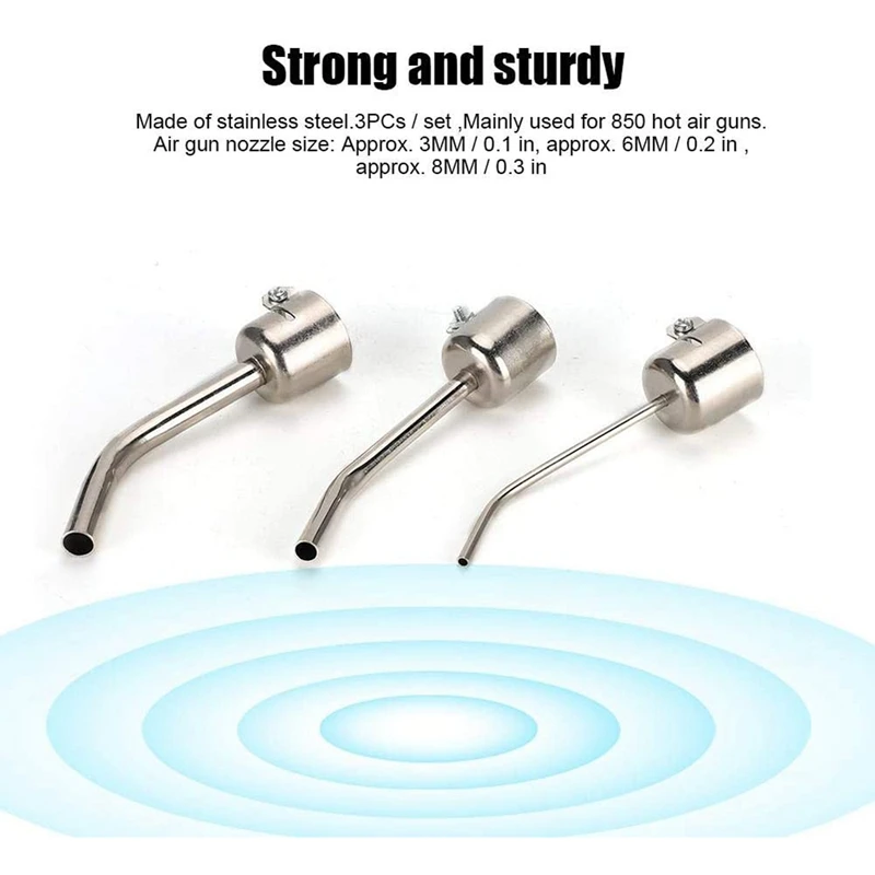 3-Piece Air Torch Nozzle, 3MM, 6MM and 8MM Needle Tips Long Curved Steel Nozzle for 850 Hot Air Torch
3-Piece Air Torch Nozzle, 3MM, 6MM and 8MM Needle Tips Long Curved Steel Nozzle for 850 Hot Air Torch