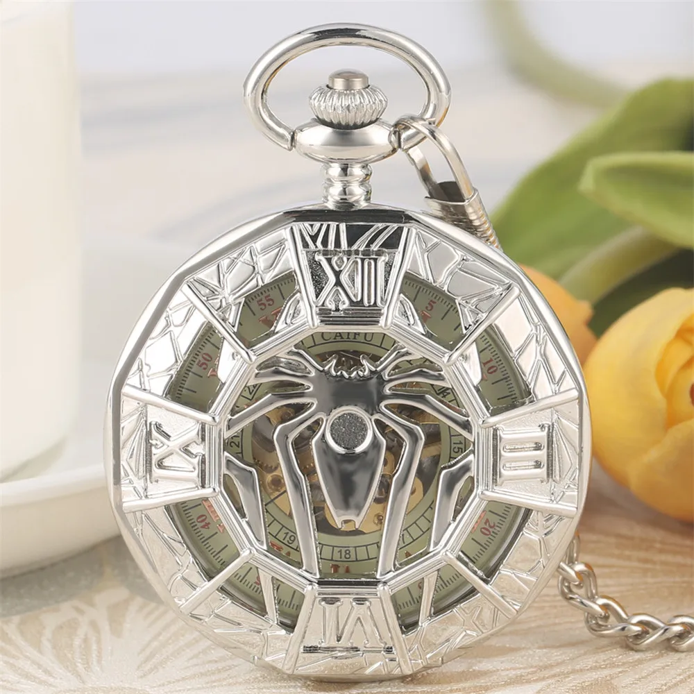

Hollow Spider Mechanical Pocket Watch Steampunk Retro Roman Numerals Dial Hand Winding Pocket Timepiece with Silver Fob Chain