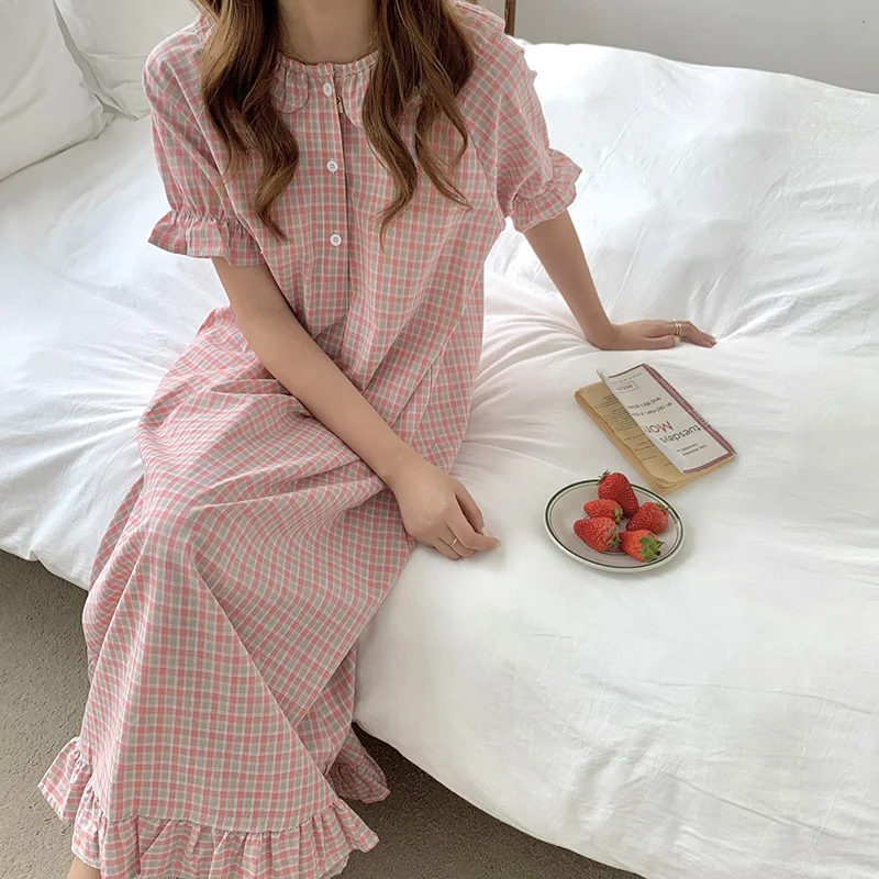 Summer Sleepwear Women Cotton Short Sleeved Sleepdress Women Breathable Loose Thin Casual Home Skirt Grid Night Dress 4-Size
Summer Sleepwear Women Cotton Short Sleeved Sleepdress Women Breathable Loose Thin Casual Home Skirt Grid Night Dress 4-Size