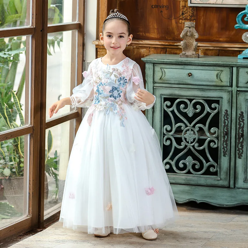 

4-13Y Ankle Length Long Puff Sleeve Embroidery Flower Kids Girls Dress Fashion Pageant Holy Ball Gown Teenage Princess Dresses