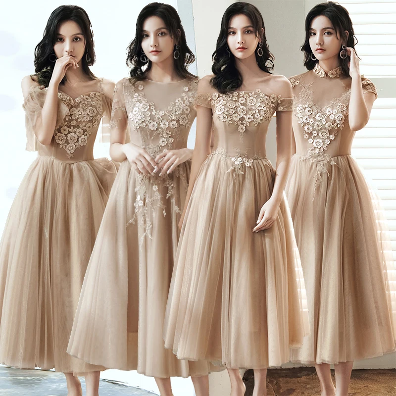 Bridesmaids Dresses Illusion Off The Shoulder A-Line Boat-Neck Embroidery Lace Tulle Ankle-Length Women Wedding Party Gown E373
Bridesmaids Dresses Illusion Off The Shoulder A-Line Boat-Neck Embroidery Lace Tulle Ankle-Length Women Wedding Party Gown E373