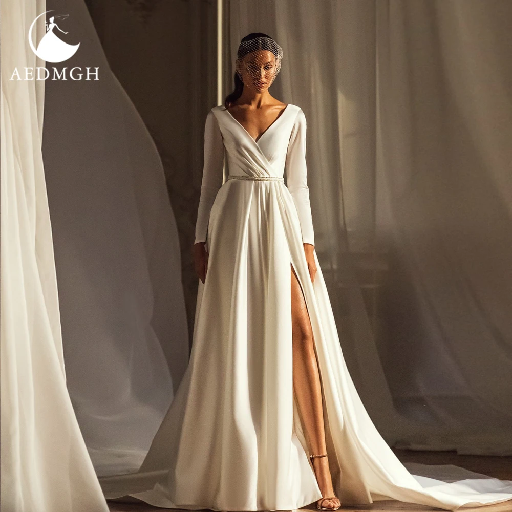 Aedmgh Elegant Satin Wedding Dresses 2022 V-Neck Long Sleeve Vestido De Novia Beaded High Split A-Line Court Train Bridal Gown
Aedmgh Elegant Satin Wedding Dresses 2022 V-Neck Long Sleeve Vestido De Novia Beaded High Split A-Line Court Train Bridal Gown