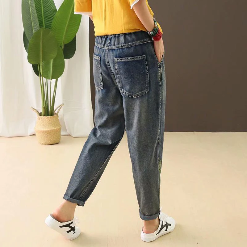 New Arrival Spring Autumn Women Elastic Waist Cotton Denim Harem Pants Flower Embroidery Vintage Loose Jeans Plus Size D493 
New Arrival Spring Autumn Women Elastic Waist Cotton Denim Harem Pants Flower Embroidery Vintage Loose Jeans Plus Size D493