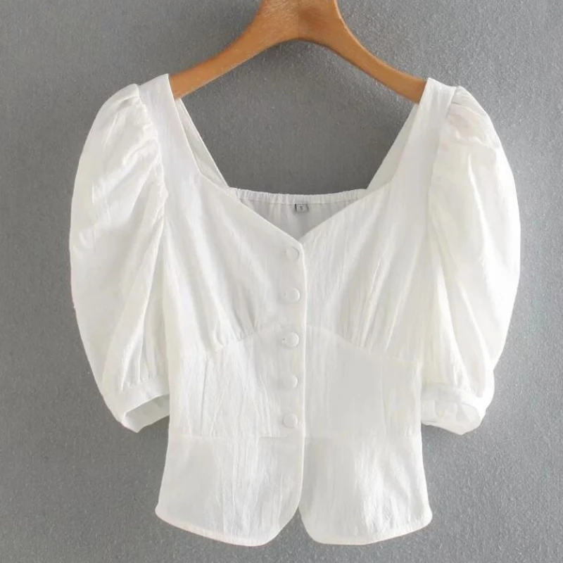 Vintage Square Collar Puff Sleeve Women Blouses Single Breasted Solid Slim Ruffles Shirts 2021 Summer French Elegant Corp Tops
Vintage Square Collar Puff Sleeve Women Blouses Single Breasted Solid Slim Ruffles Shirts 2021 Summer French Elegant Corp Tops