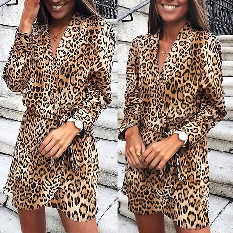 2021 Women Sexy Clothing New Leopard Print Long-sleeved V-neck Irregular Dress