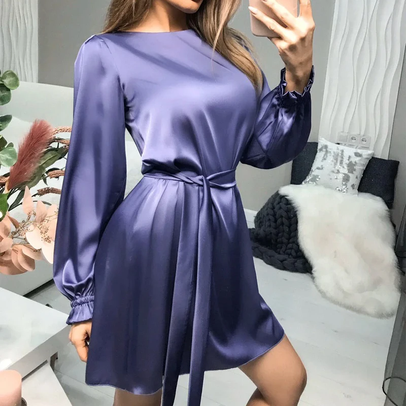 Women Casual O-Neck Satin Mini Dress solid Lantern Sleeve Sashes A Line Party Dress 2021 New Fishtion Spring Women Elegant Dress
Women Casual O-Neck Satin Mini Dress solid Lantern Sleeve Sashes A Line Party Dress 2021 New Fishtion Spring Women Elegant Dress