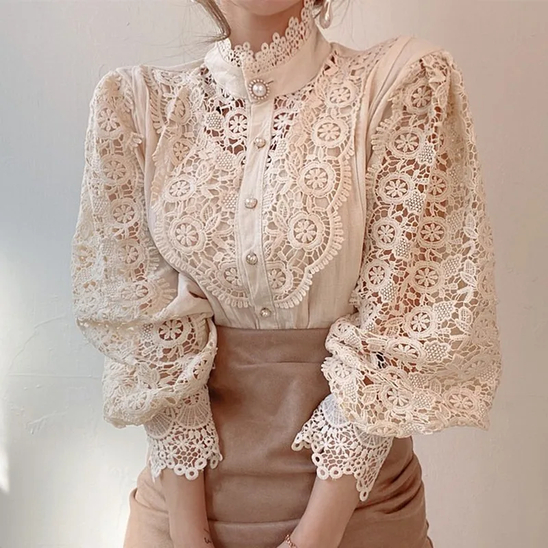Chic Hollow Out Flower Lace Shirt Stand-Collar All-Match Summer Blouses 2021 Petal Sleeve Patchwork Women Top Femme Blusas
Chic Hollow Out Flower Lace Shirt Stand-Collar All-Match Summer Blouses 2021 Petal Sleeve Patchwork Women Top Femme Blusas