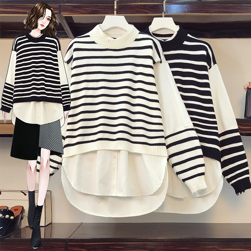 Striped Stitch False Two Piece Korean Fashion Pullovers For Autumn Women'S Clothing Ladies Sweaters 2022
Striped Stitch False Two Piece Korean Fashion Pullovers For Autumn Women'S Clothing Ladies Sweaters 2022