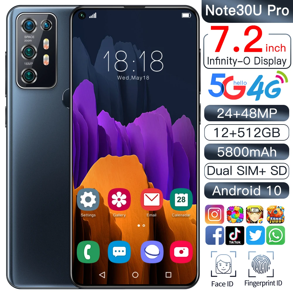 Note30UPro 7.2Inch Smartphone 5800mah Android 10 Dual SIM 4G 5G 24MP+48MP HD Camera Face Wake 12+512GB Global Version CellPhone
Note30UPro 7.2Inch Smartphone 5800mah Android 10 Dual SIM 4G 5G 24MP+48MP HD Camera Face Wake 12+512GB Global Version CellPhone