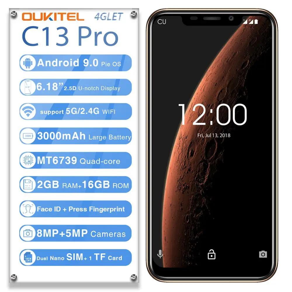 OUKITEL C13 Pro смартфон с 5 дюймовым дисплеем четырёхъядерным процессором MT6739 ОЗУ 2 Гб